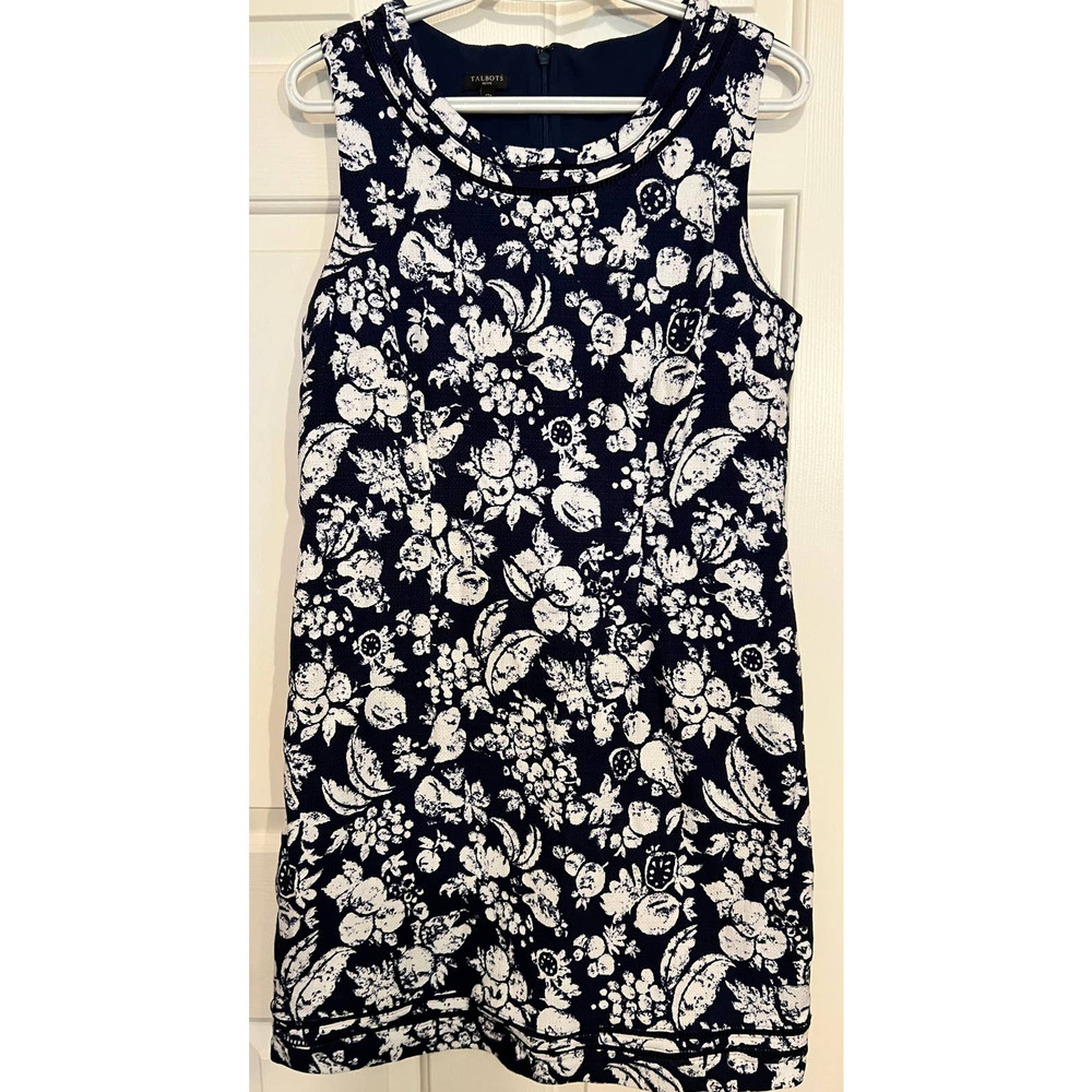 Talbots Petite Women's Blue White Floral Sheath Dress Size 12P Back‎ Zipper